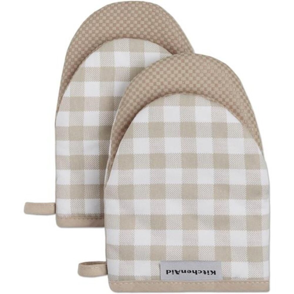 KitchenAid Gingham Mini Oven Mitt 2-Pack Set, Milkshake Tan, 5.5"x8"